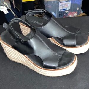Corkys Black Vegan Leather Jute Wedge Sandals  Size 9 - 3” heel hook loop strap